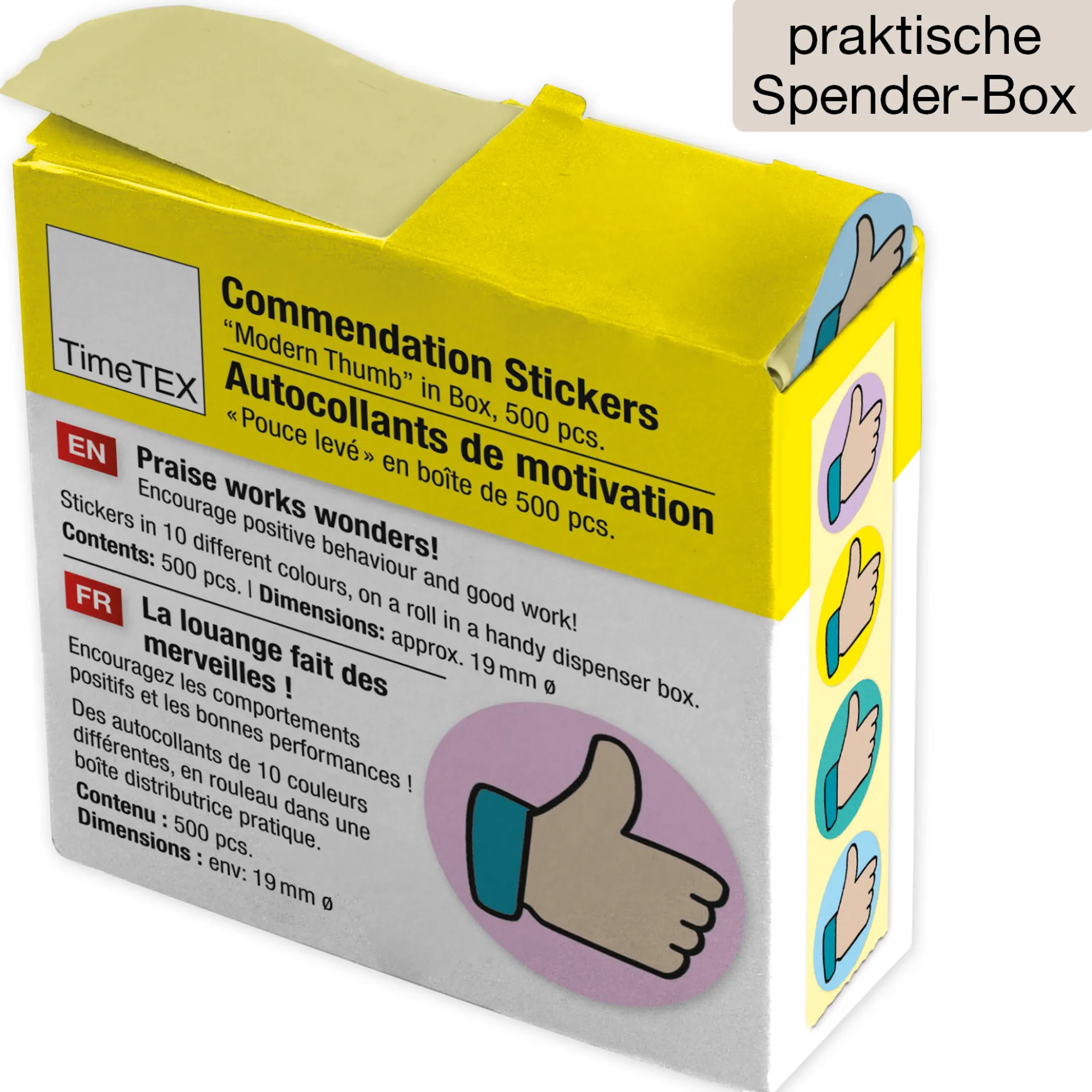 Belobigungs-Aufkleber "Daumen modern" in Spender-Box, 500 Stück
