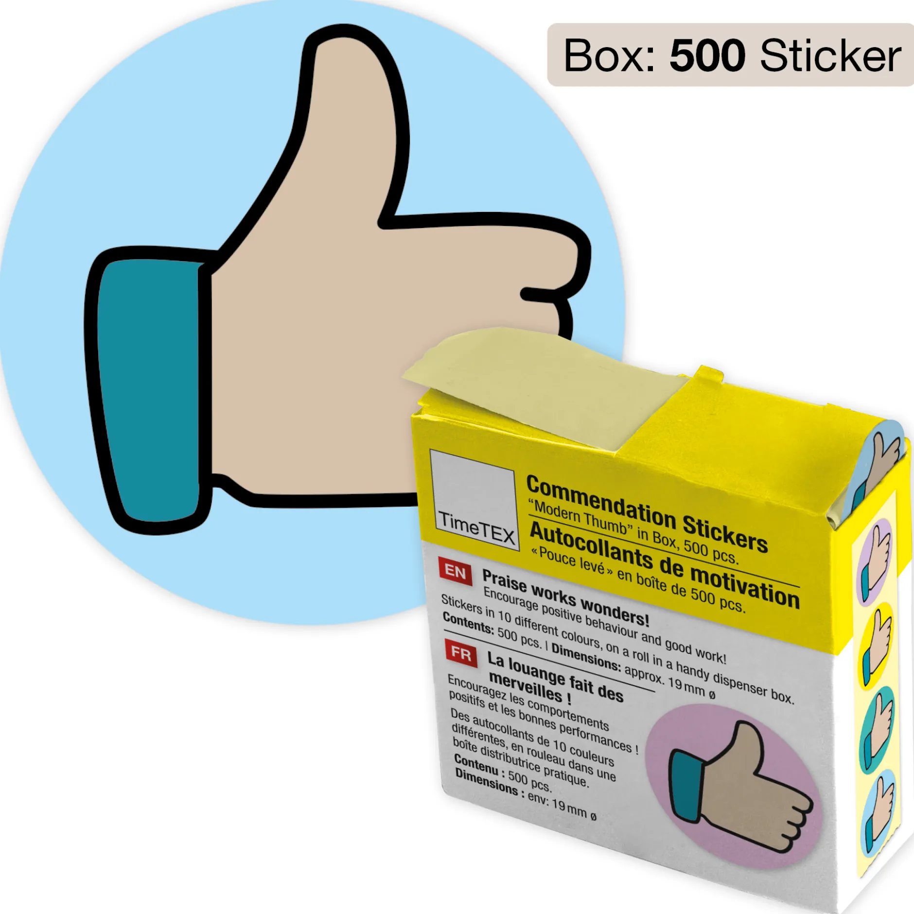 Belobigungs-Aufkleber "Daumen modern" in Spender-Box, 500 Stück