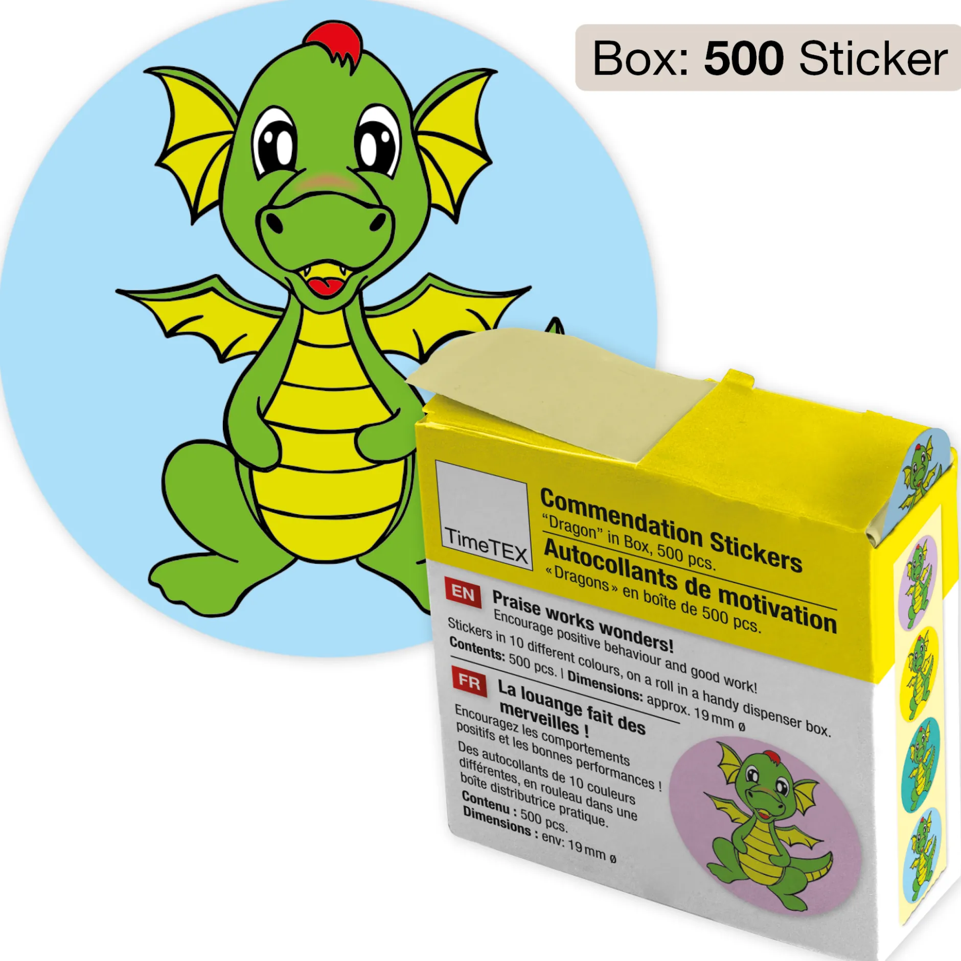 Belobigungs-Aufkleber "Drache" in Spender-Box, 500 Stück