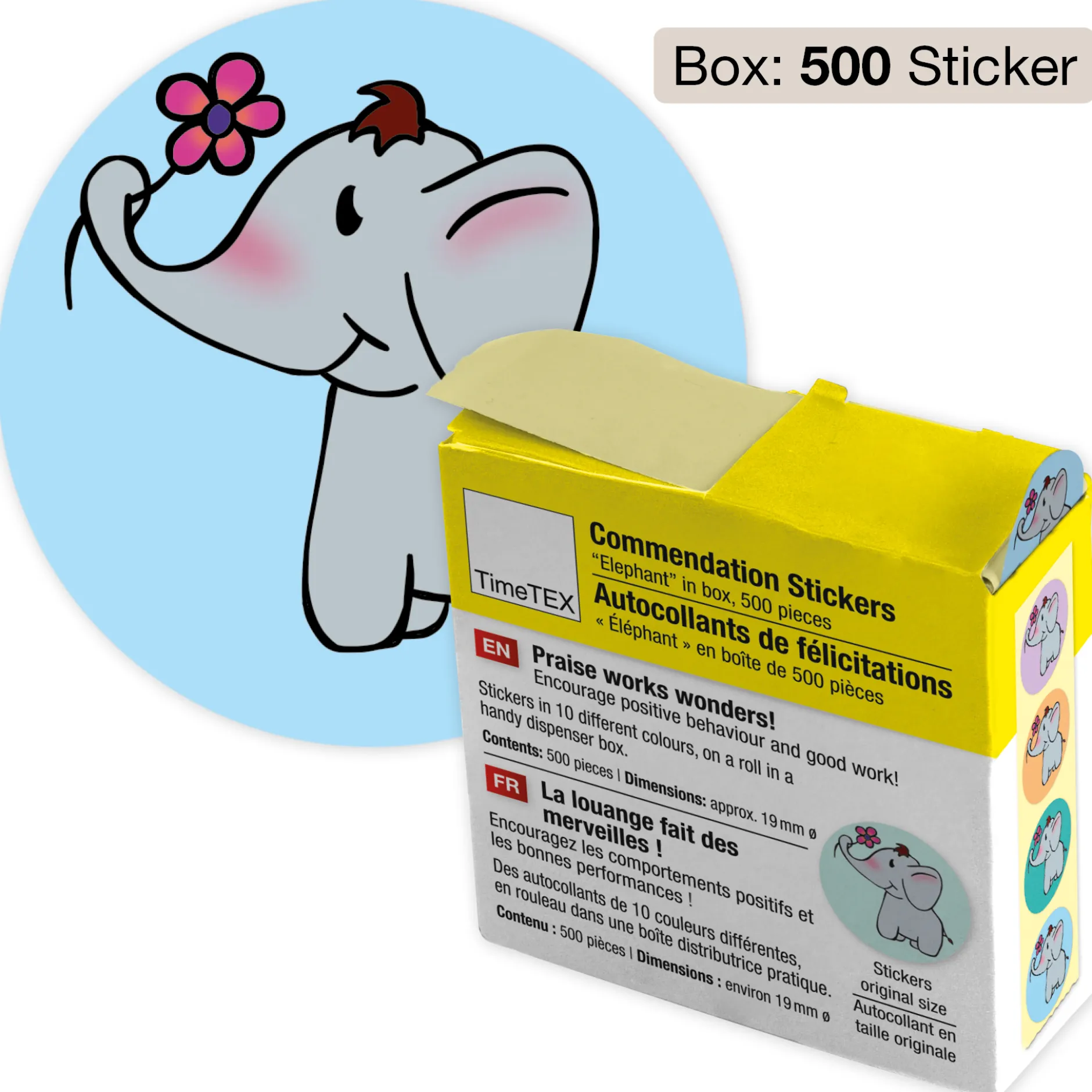 Belobigungs-Aufkleber "Elefant" in Spender-Box, 500 Stück