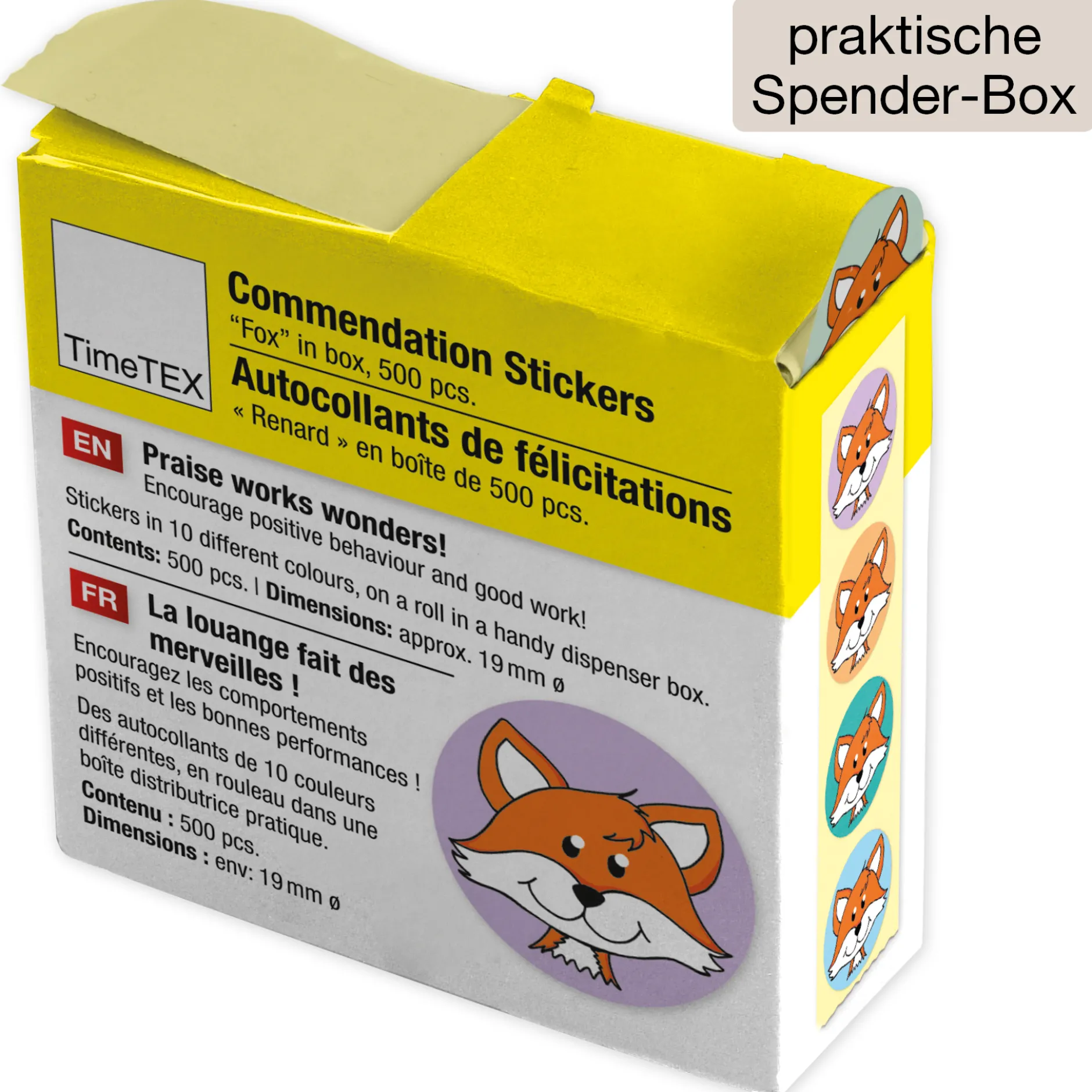 Belobigungs-Aufkleber "Fuchs" in Spender-Box, 500 Stück