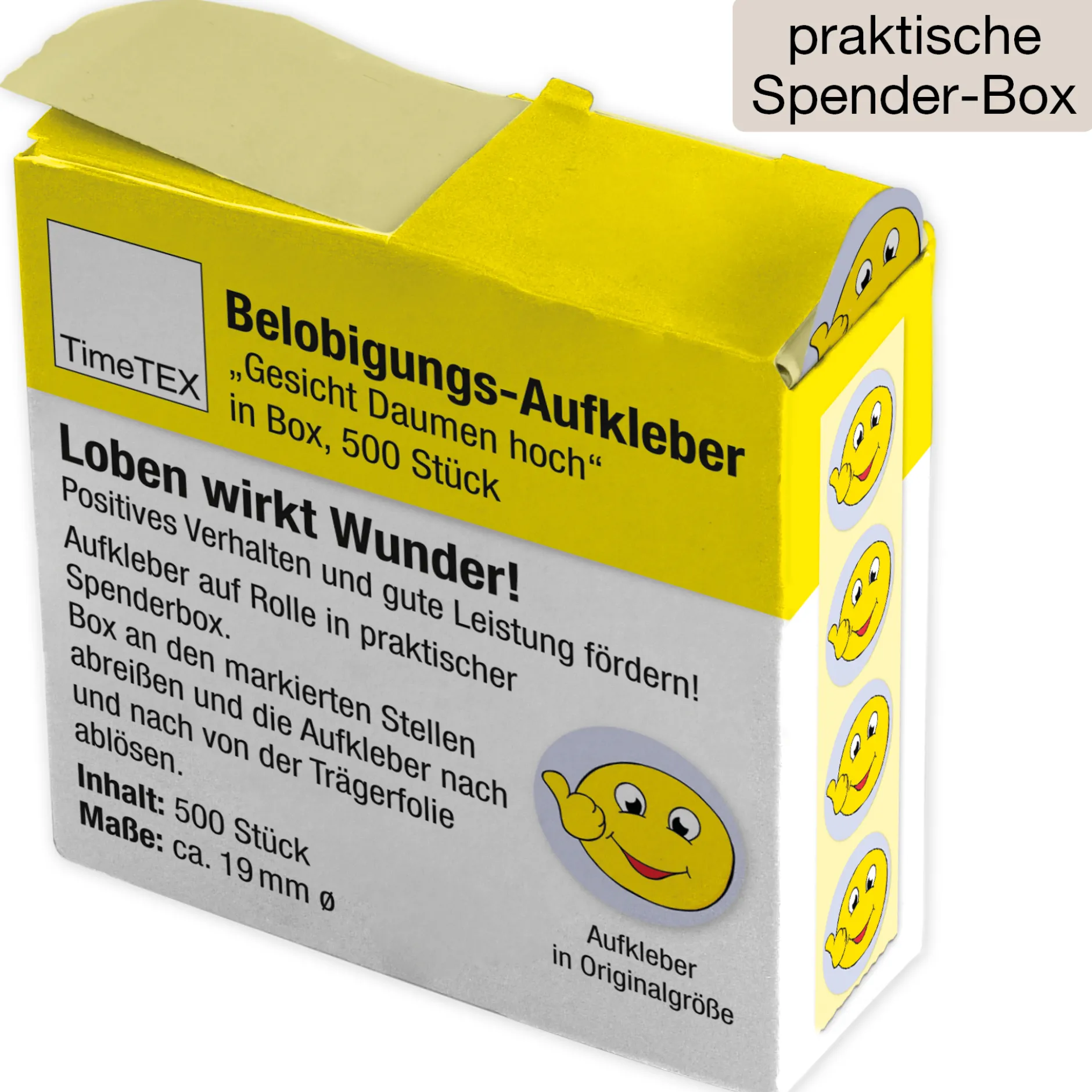 Belobigungs-Aufkleber "Gesicht Daumen hoch" in Spender-Box, 500 Stück