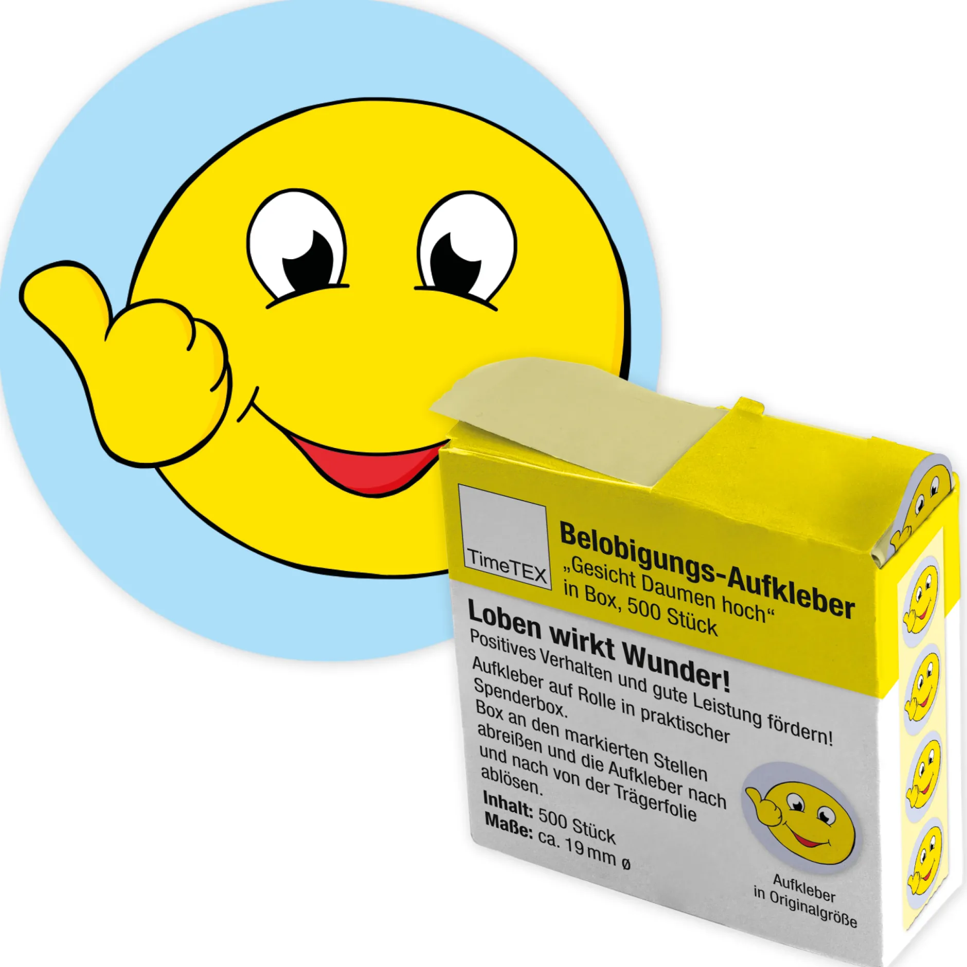 Belobigungs-Aufkleber "Gesicht Daumen hoch" in Spender-Box, 500 Stück