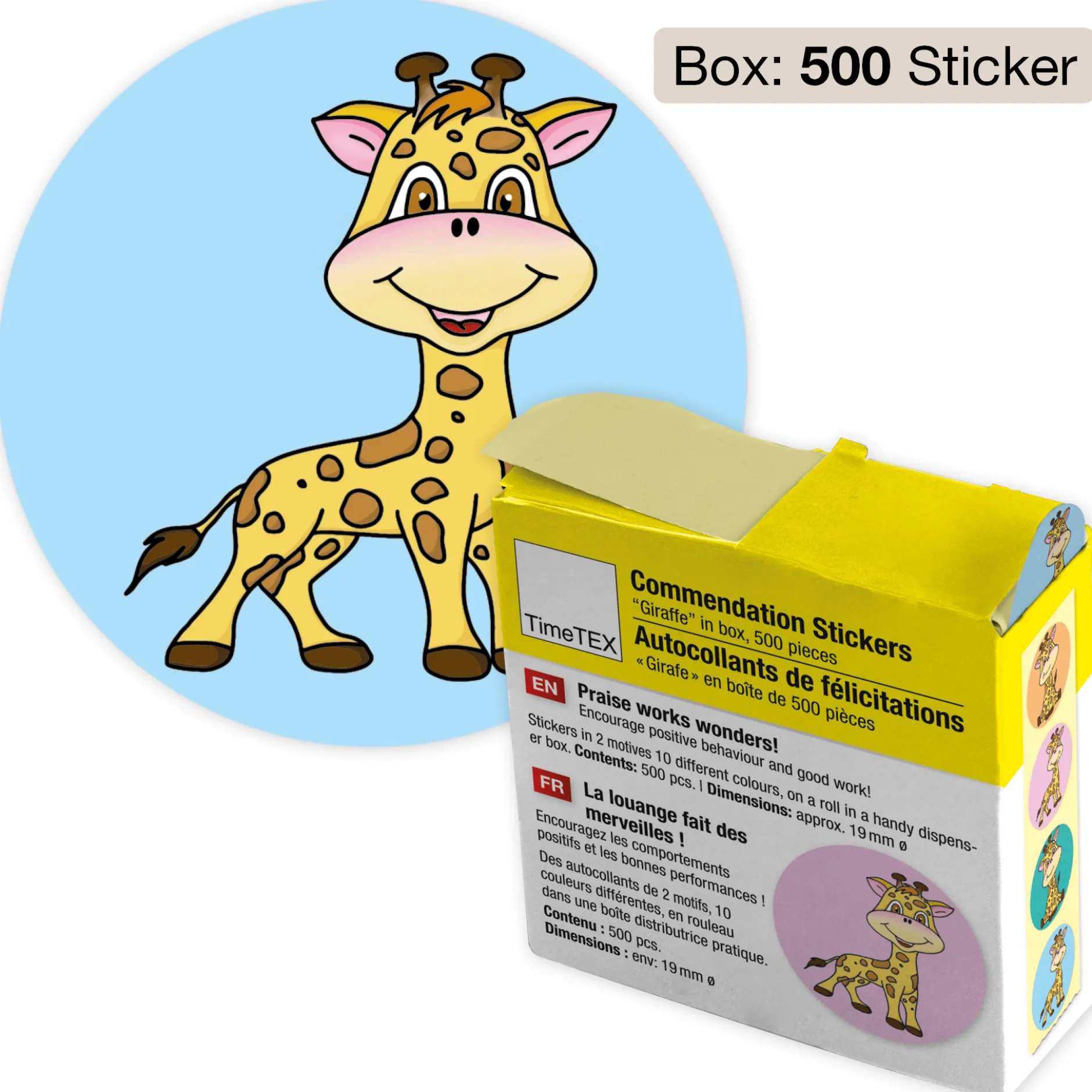 Belobigungs-Aufkleber "Giraffe" in Spender-Box, 500 Stück
