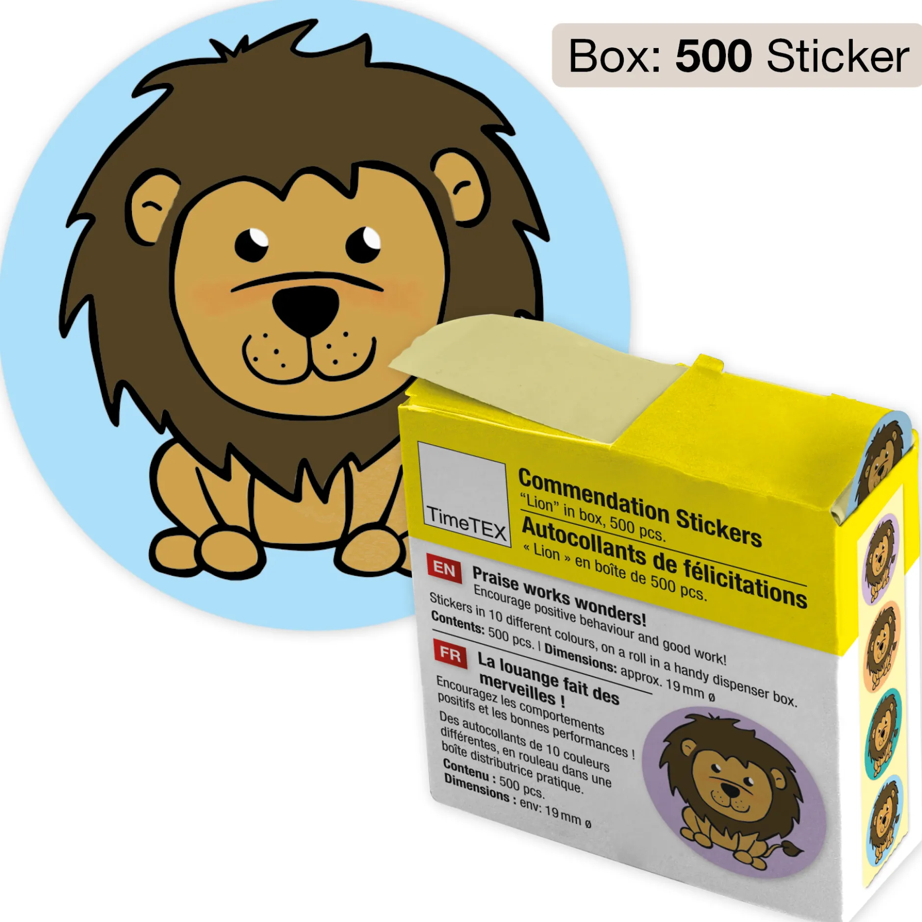 Belobigungs-Aufkleber "Löwe" in Spender-Box, 500 Stück