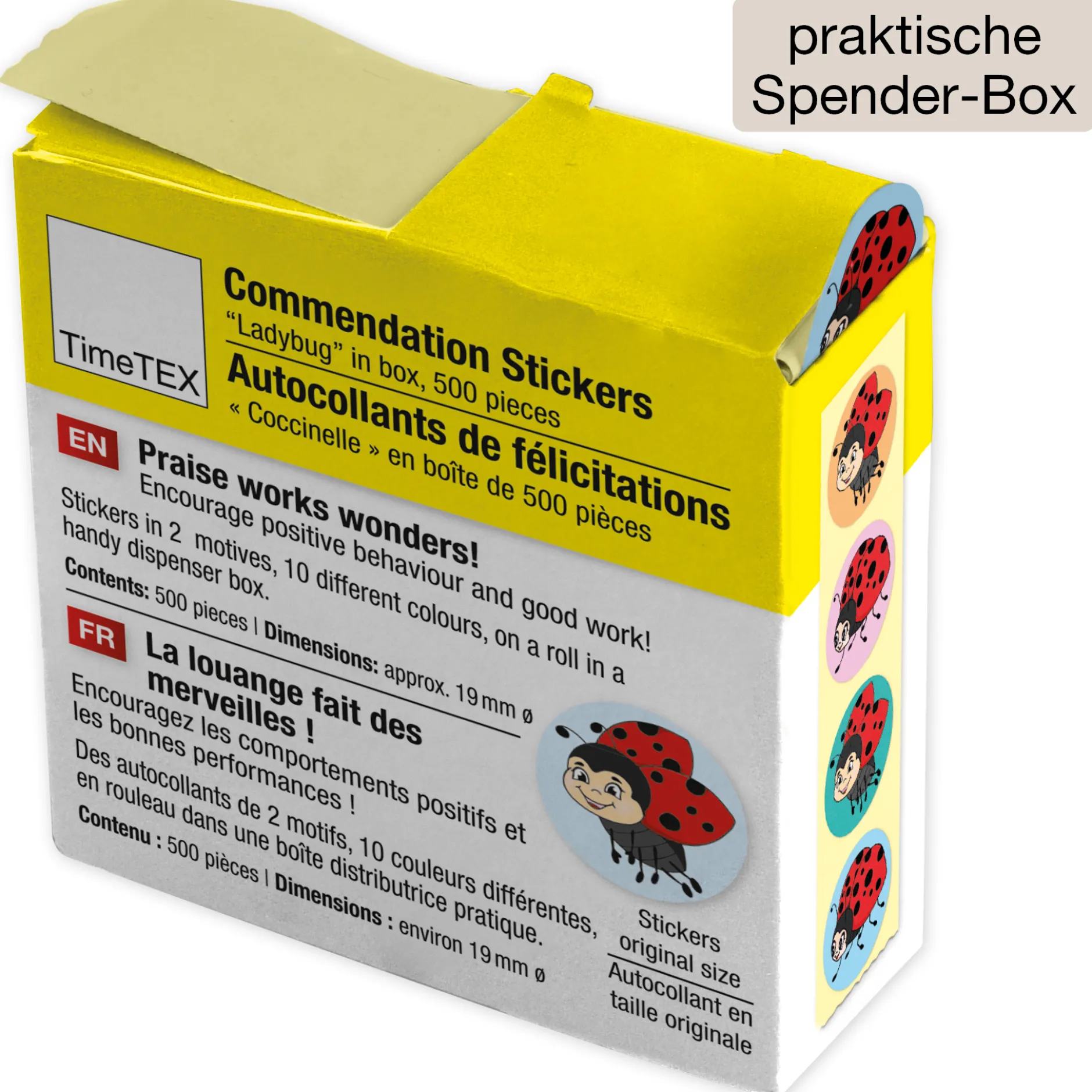 Belobigungs-Aufkleber "Marienkäfer" in Spender-Box, 500 Stück