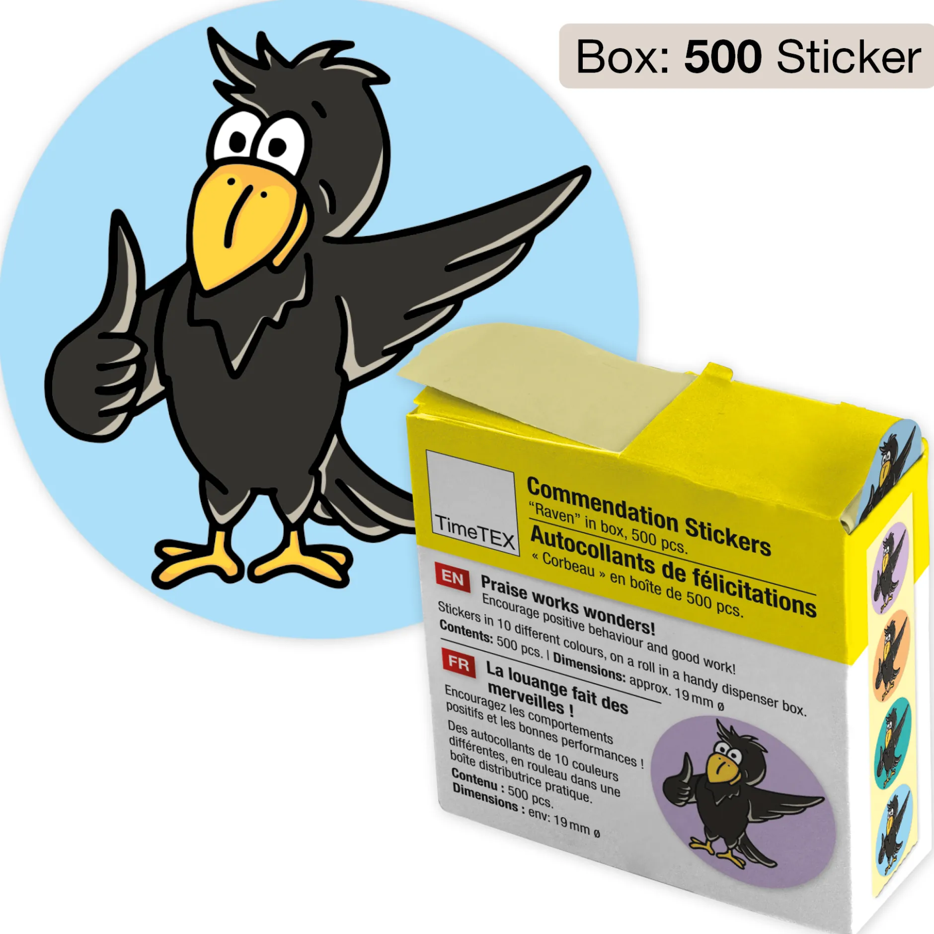 Belobigungs-Aufkleber "Rabe" in Spender-Box, 500 Stück