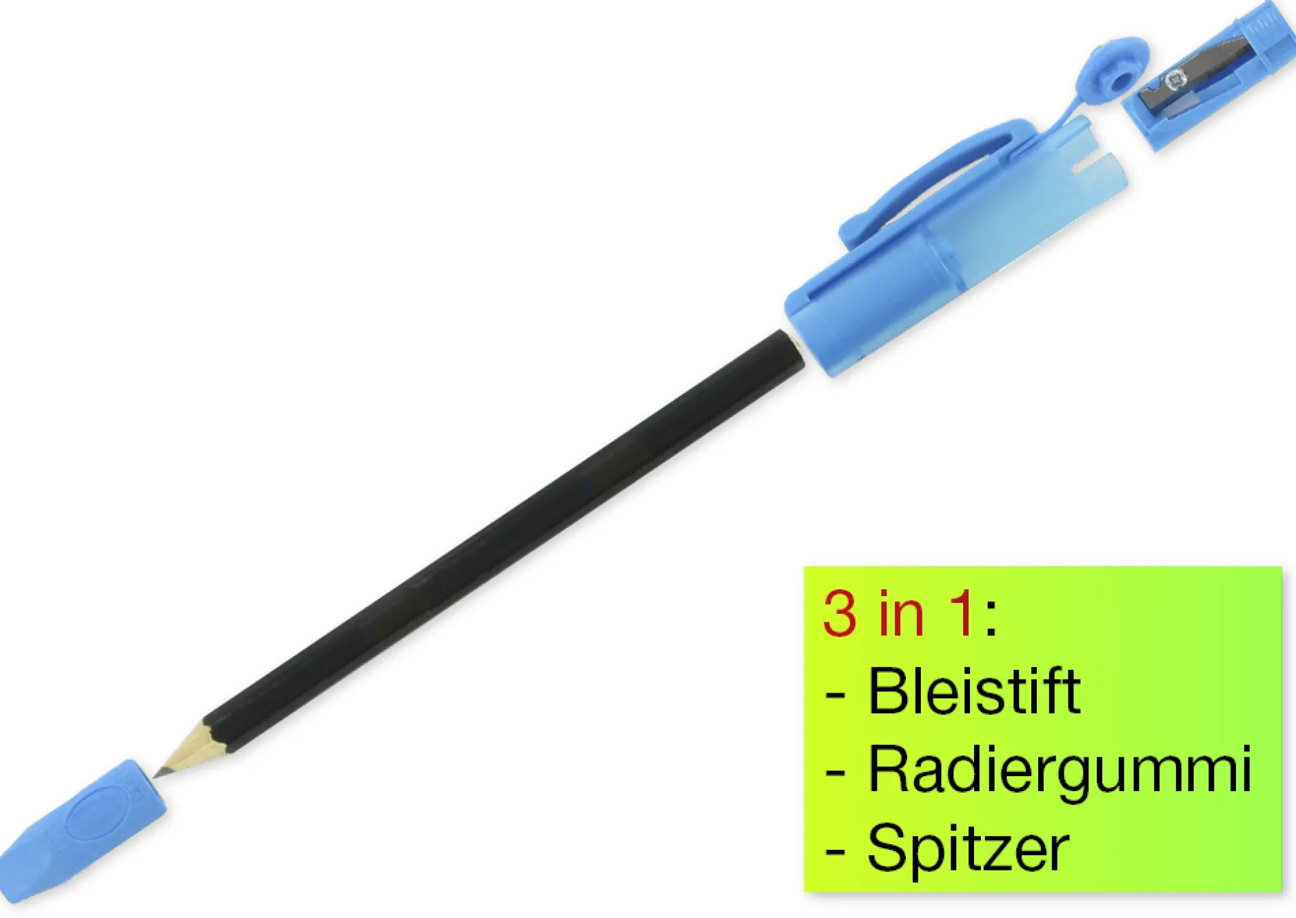 Bleistift "3in1", mit Spitzer und Radierkappe, 175mm