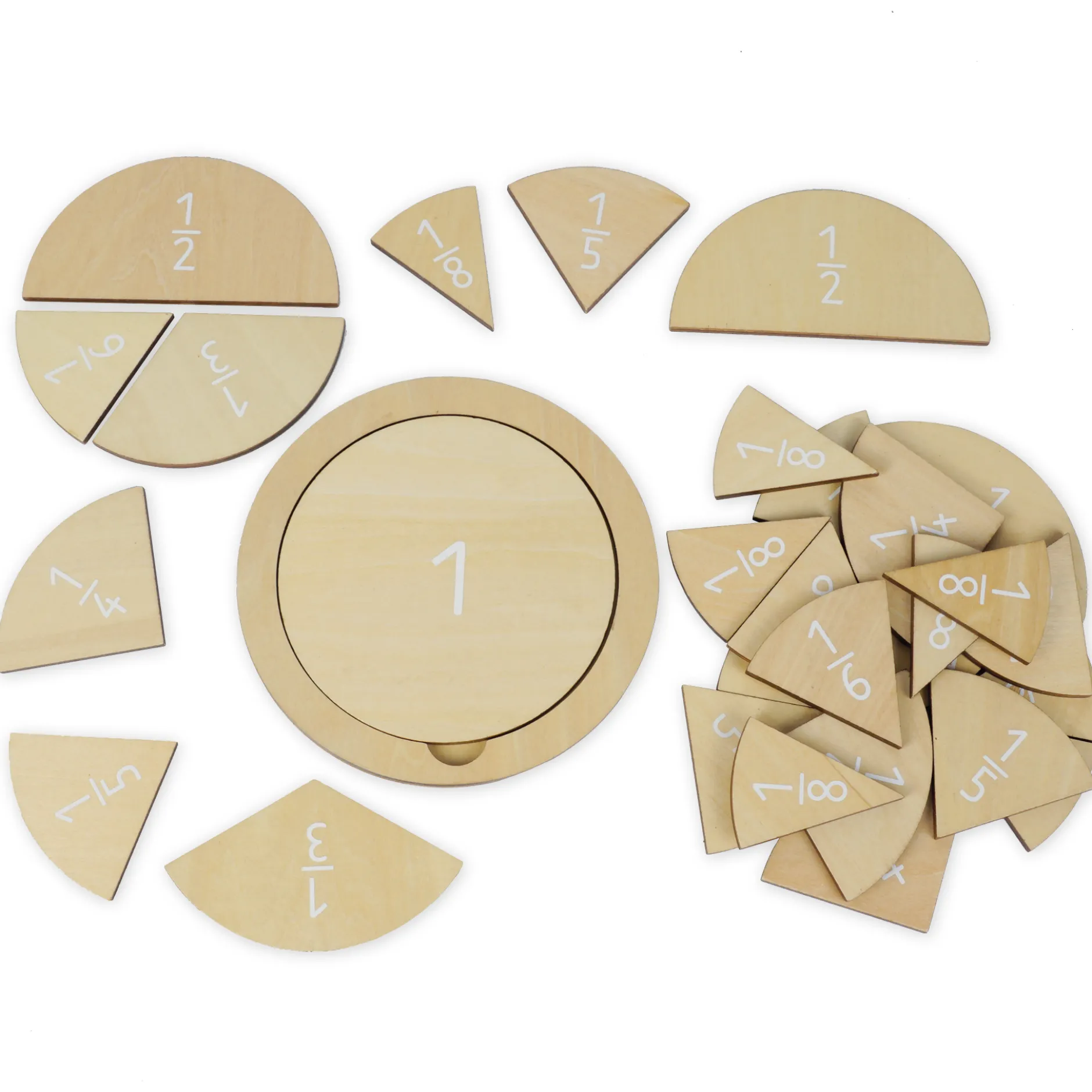 Bruchrechen-Kreise aus Holz, mit Einlagekreis, 150 mm ø, 30-tlg.
