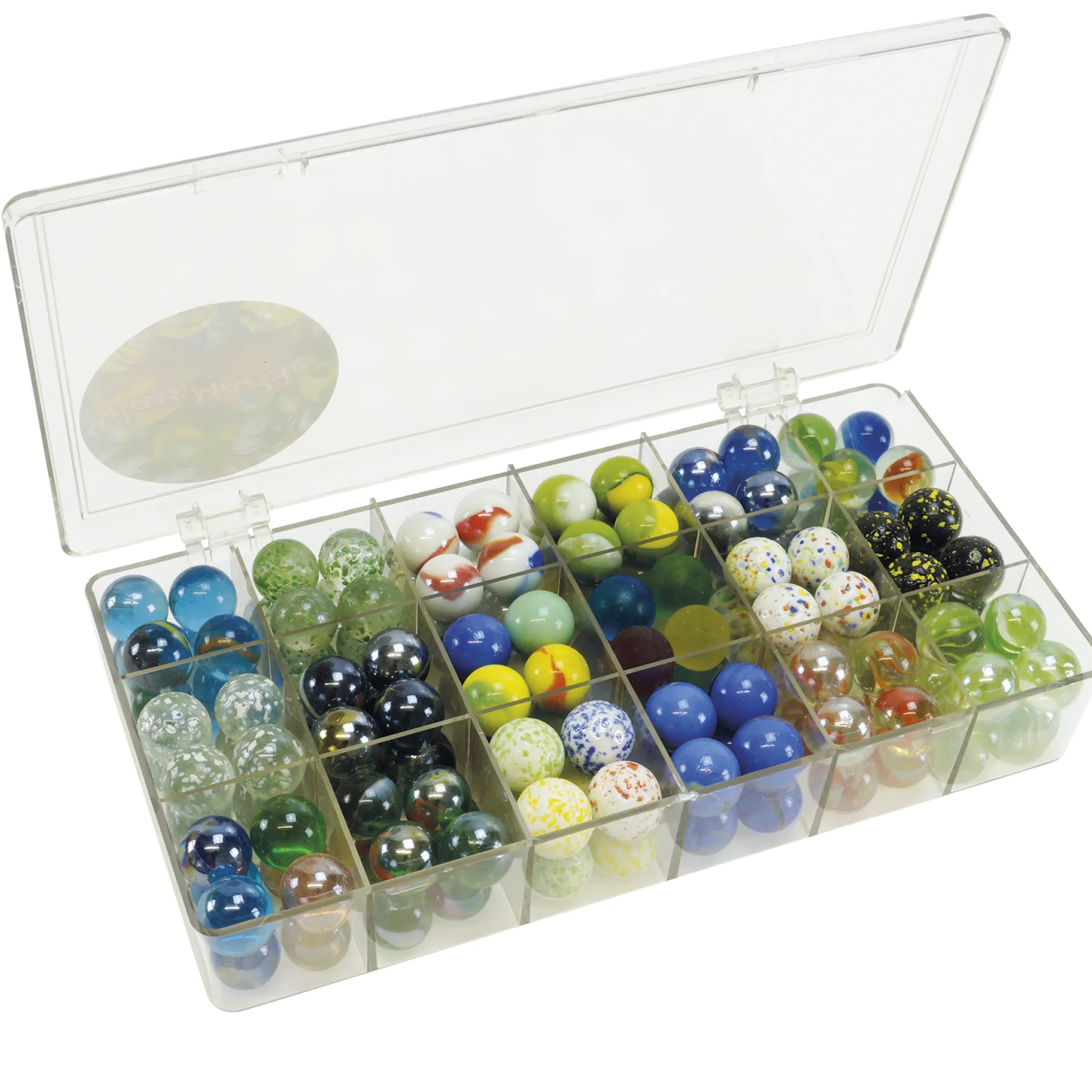 Glas-Murmeln "Faszination" in Box, 144 Stück, ca. 16 mm ø