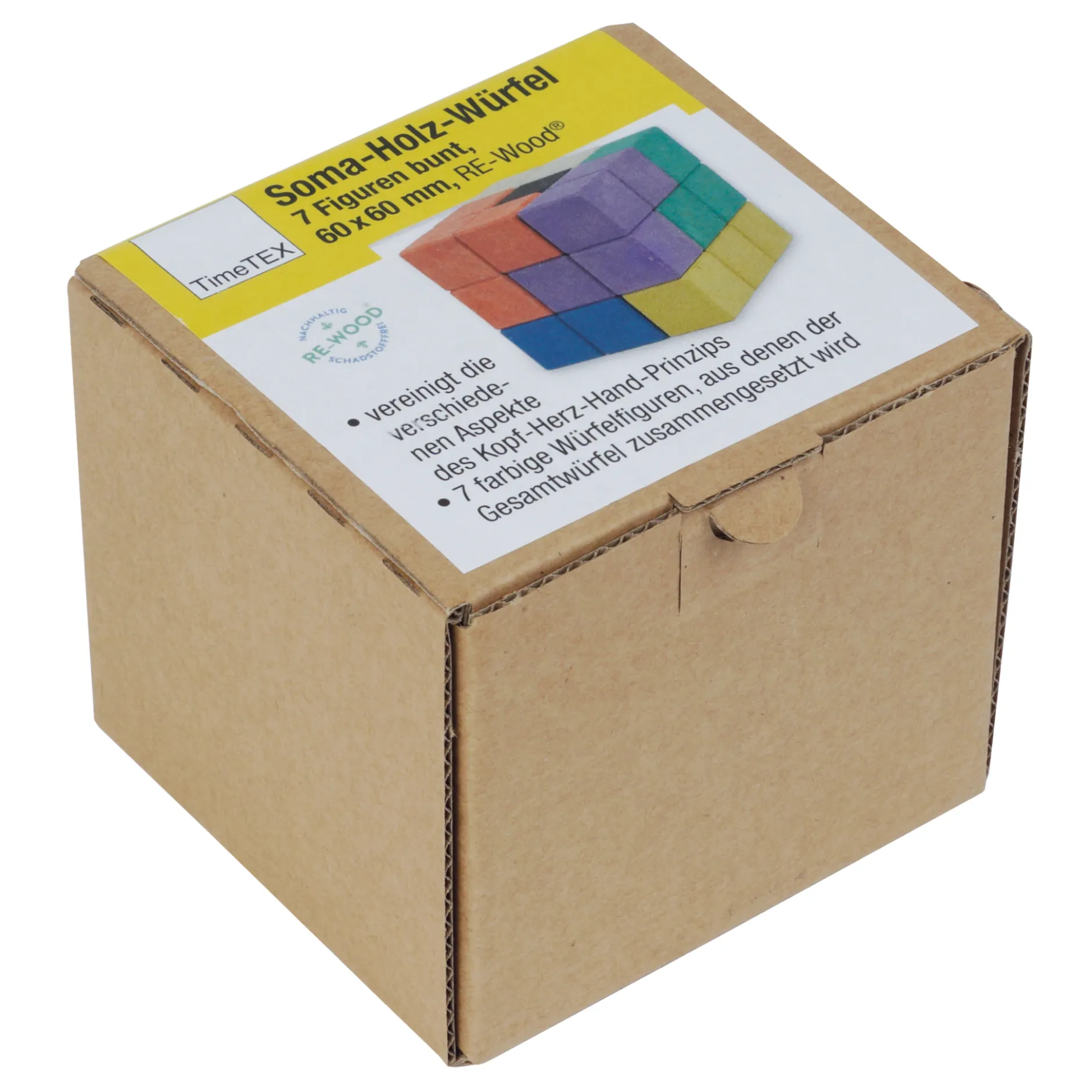 Soma-Holz-Würfel 60x60 mm, 7 Figuren bunt in Box