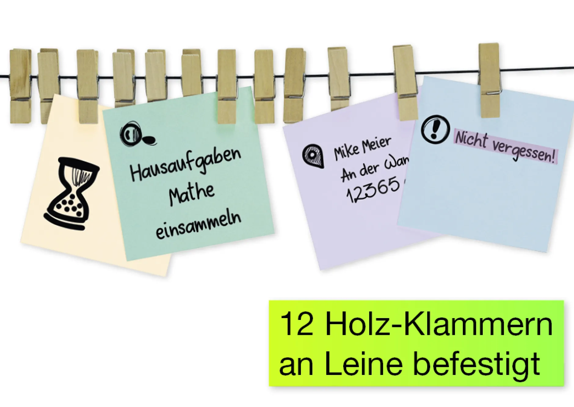 TimeTEX Aufhänge-Leine mit Saugnäpfen, 12 Holz-Klammern