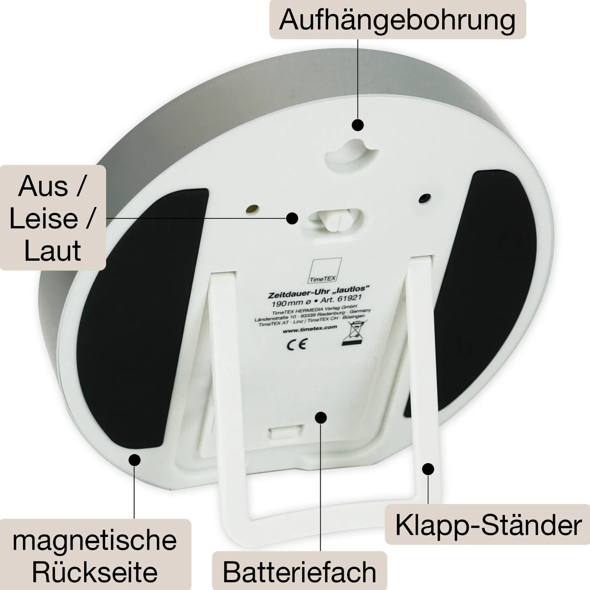 TimeTEX Zeitdauer-Uhr "lautlos" L, 19 cm ø