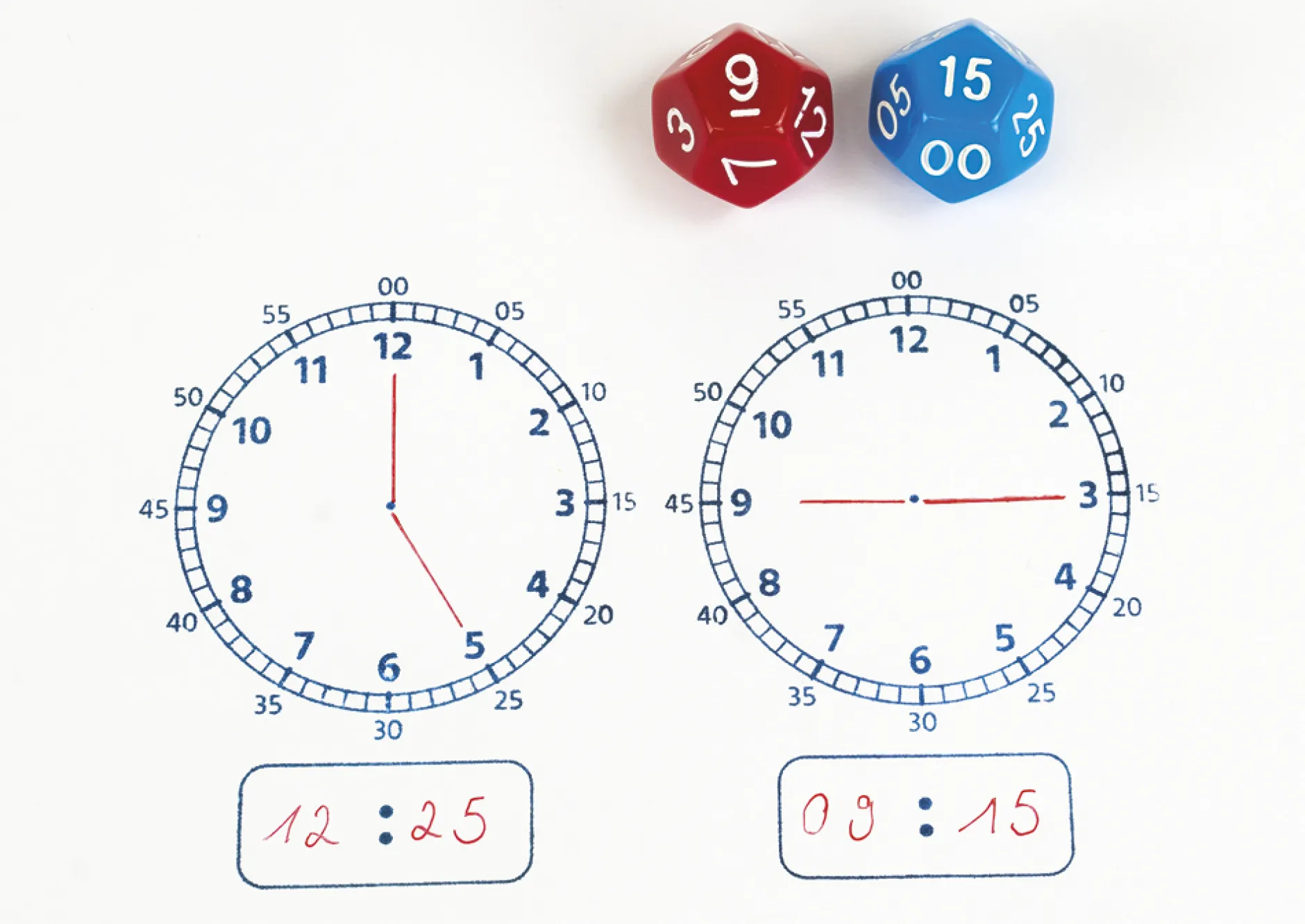 Uhrzeiten-Spiel "Analog/Digital", mit Stempel und Würfeln, 3-tlg.