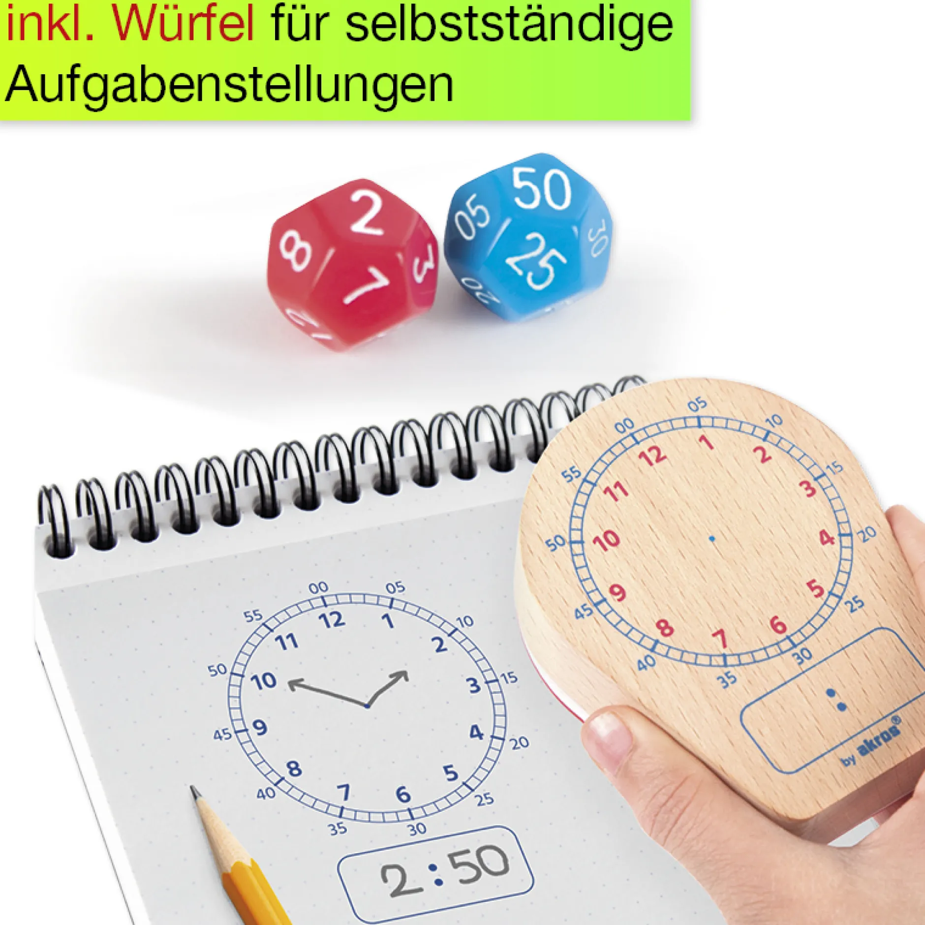Uhrzeiten-Spiel "Analog/Digital", mit Stempel und Würfeln, 3-tlg.